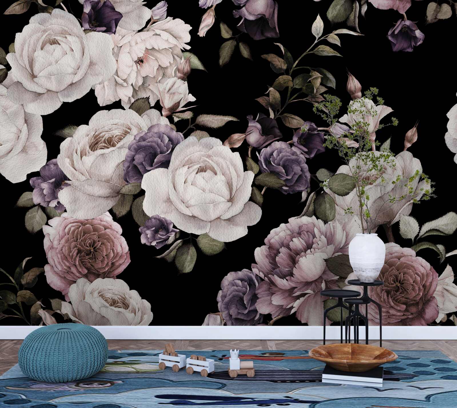 Fototapeten Der dunkle Hintergrund ist mit Peonies dekoriert