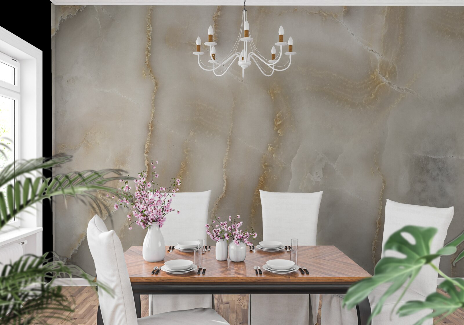 Fototapeten Eine mit Beige Marmor dekorierte Wand