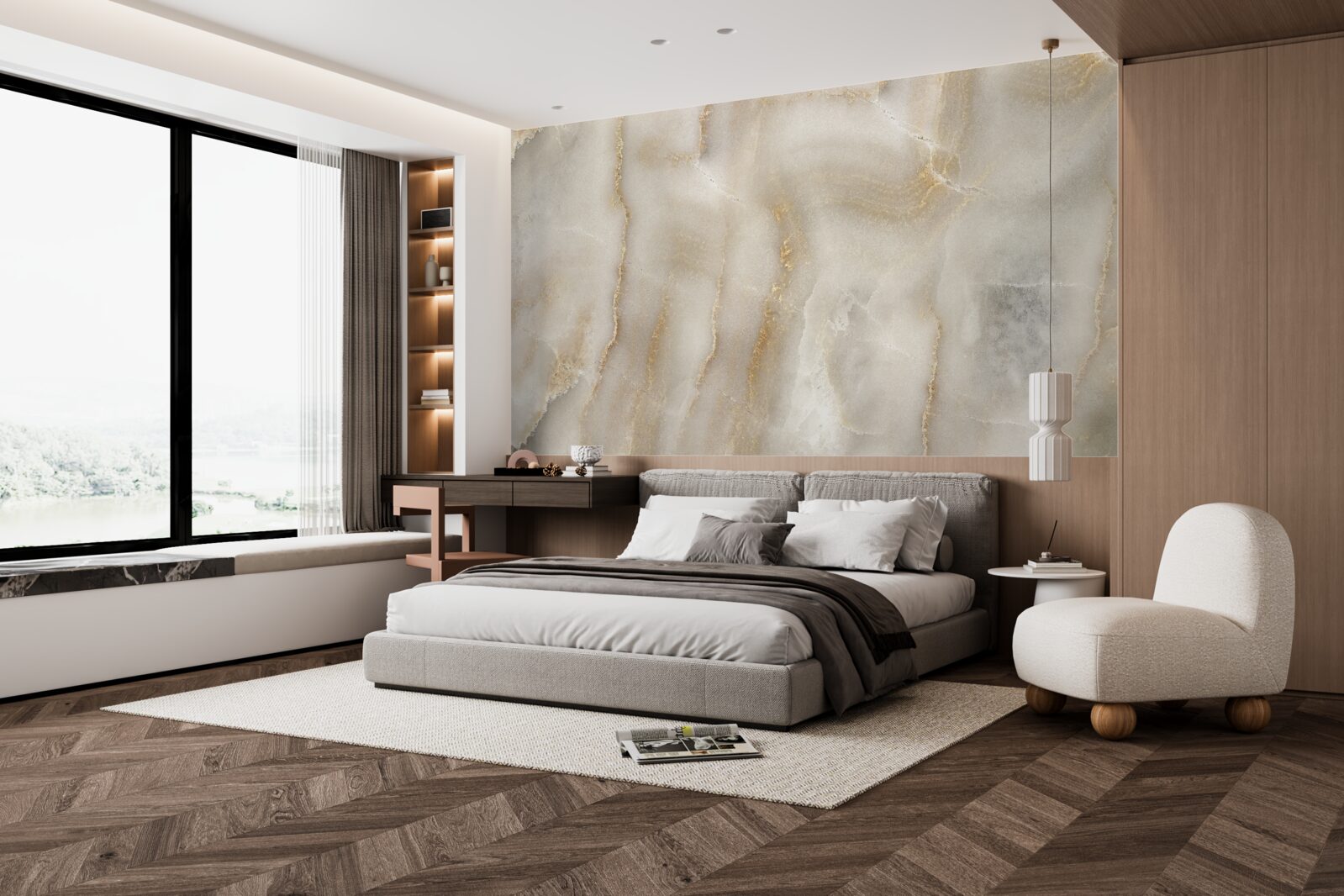 Fototapeten Eine mit Beige Marmor dekorierte Wand