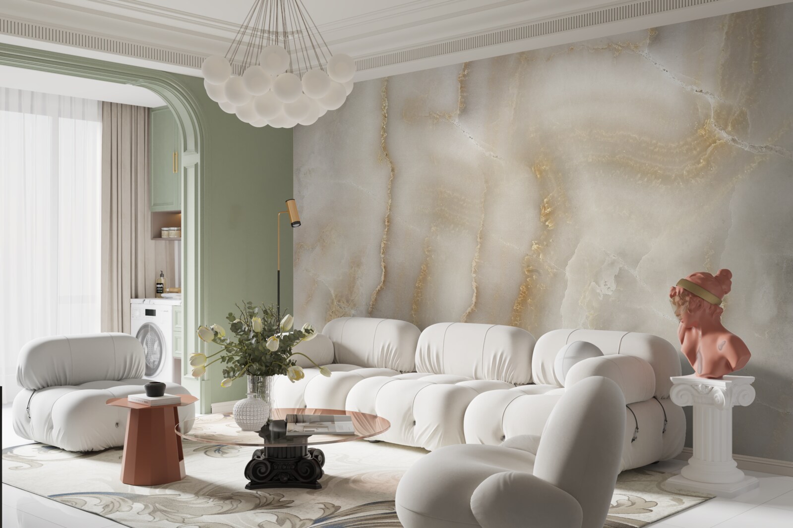 Fototapeten Eine mit Beige Marmor dekorierte Wand