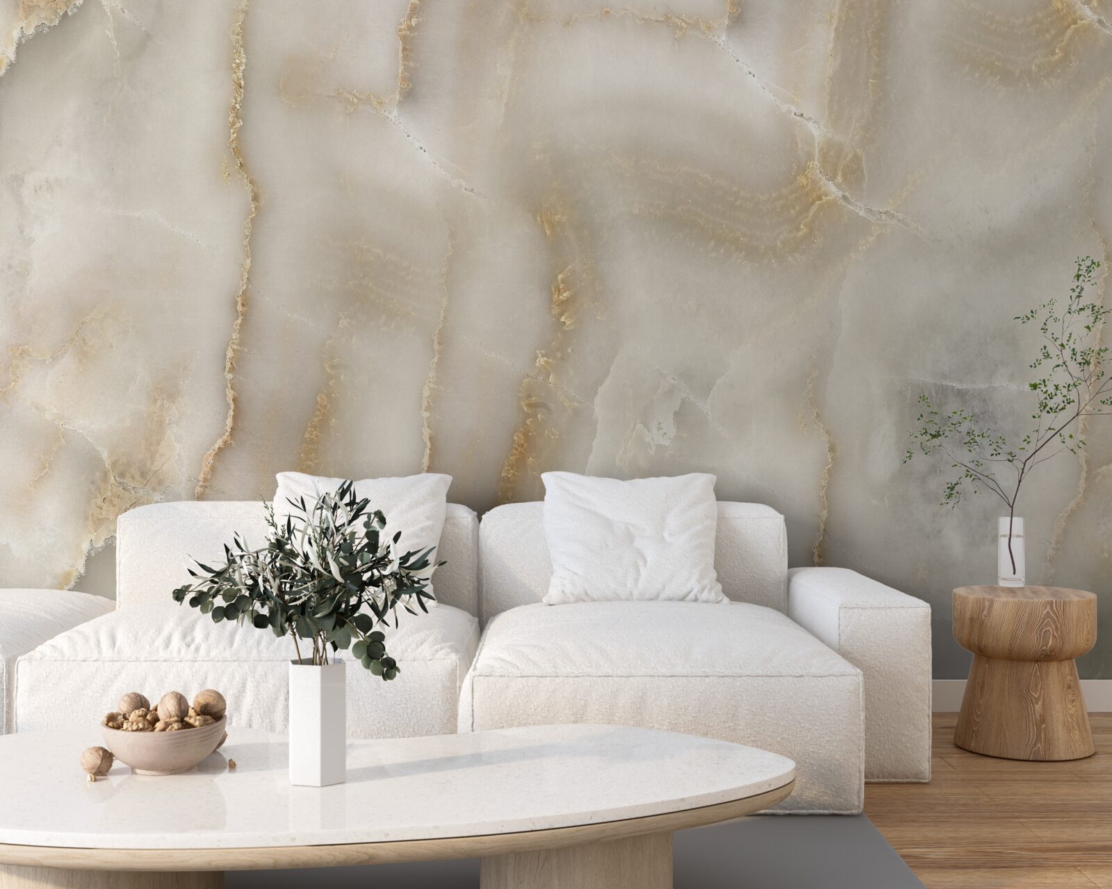 Fototapeten Eine mit Beige Marmor dekorierte Wand