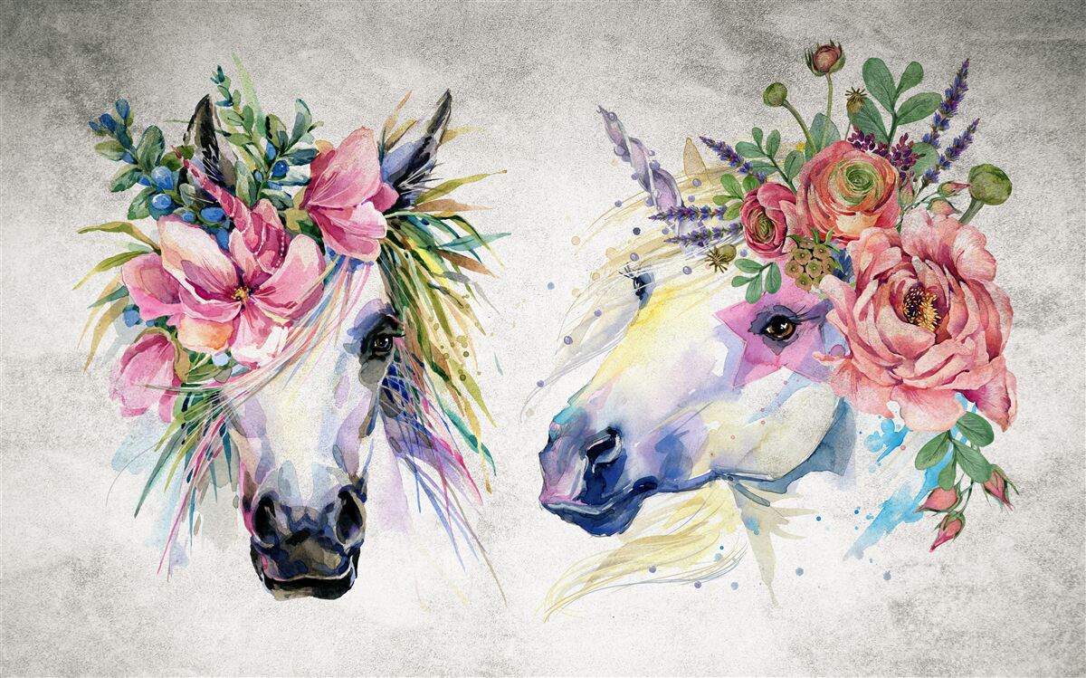 Fototapeten Blumen, Aquarellfarben und Schreibutensilien