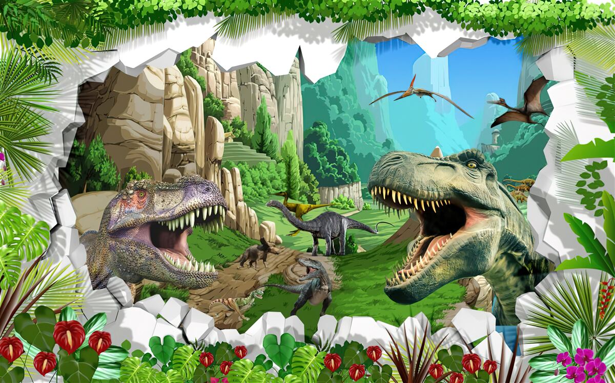 Fototapeten Berge und Dinosaurier