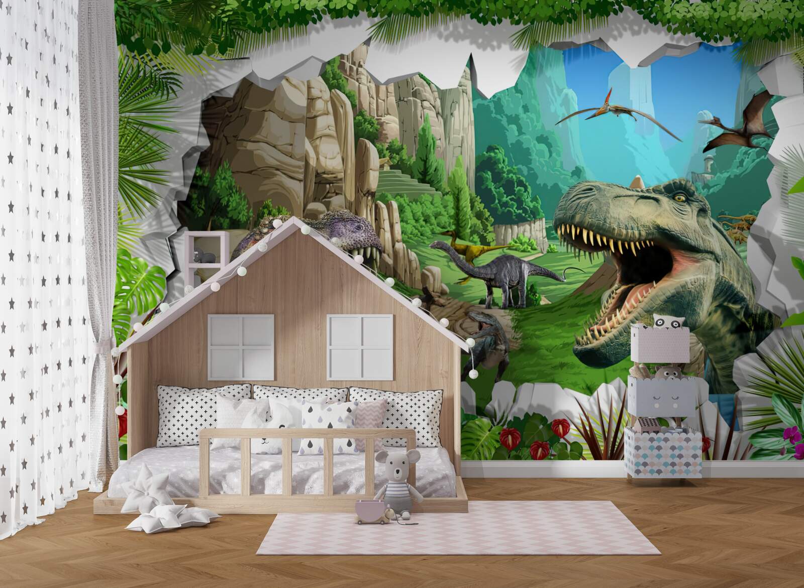 Fototapeten Berge und Dinosaurier