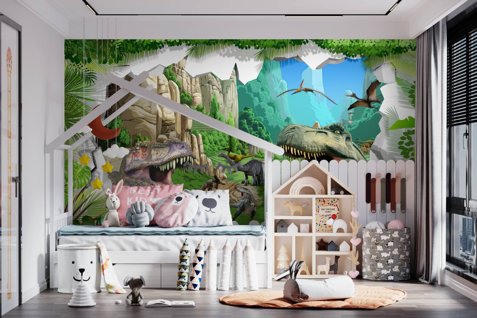 Fototapeten Berge und Dinosaurier