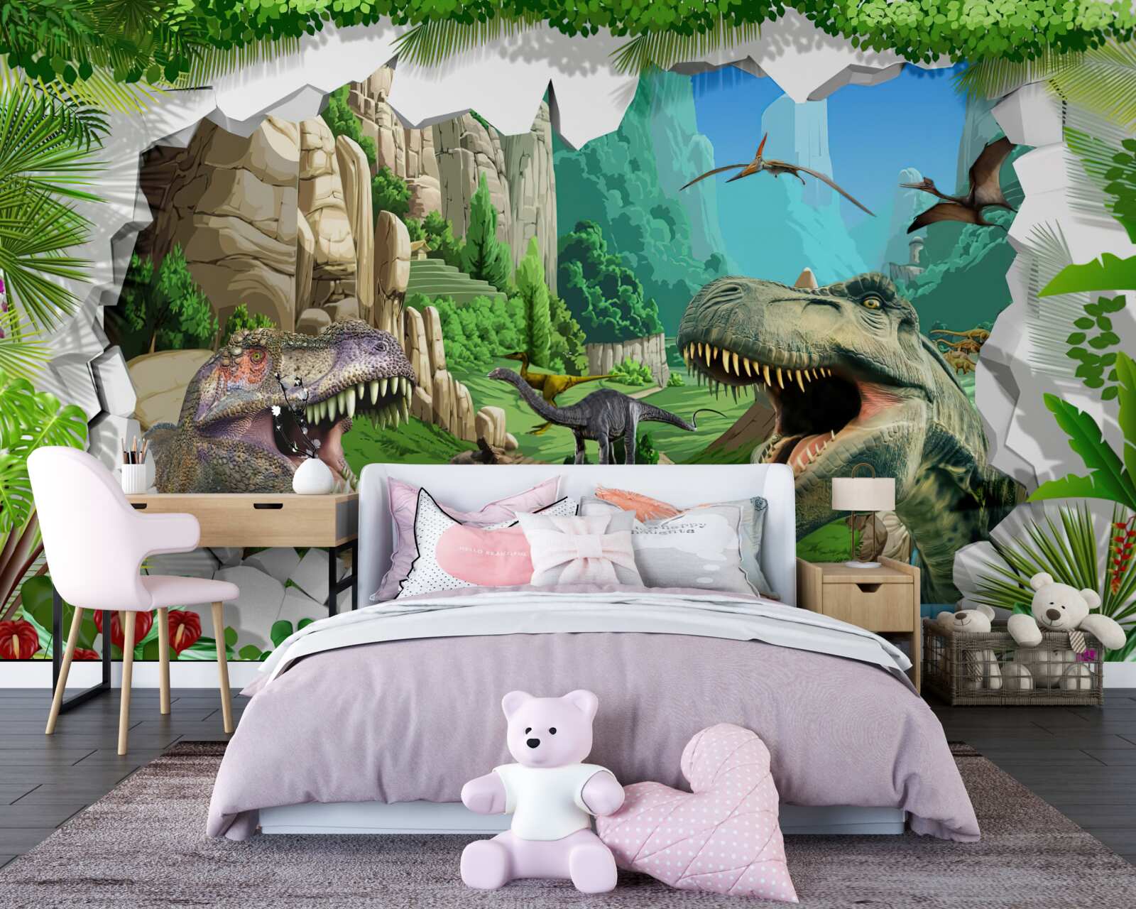 Fototapeten Berge und Dinosaurier