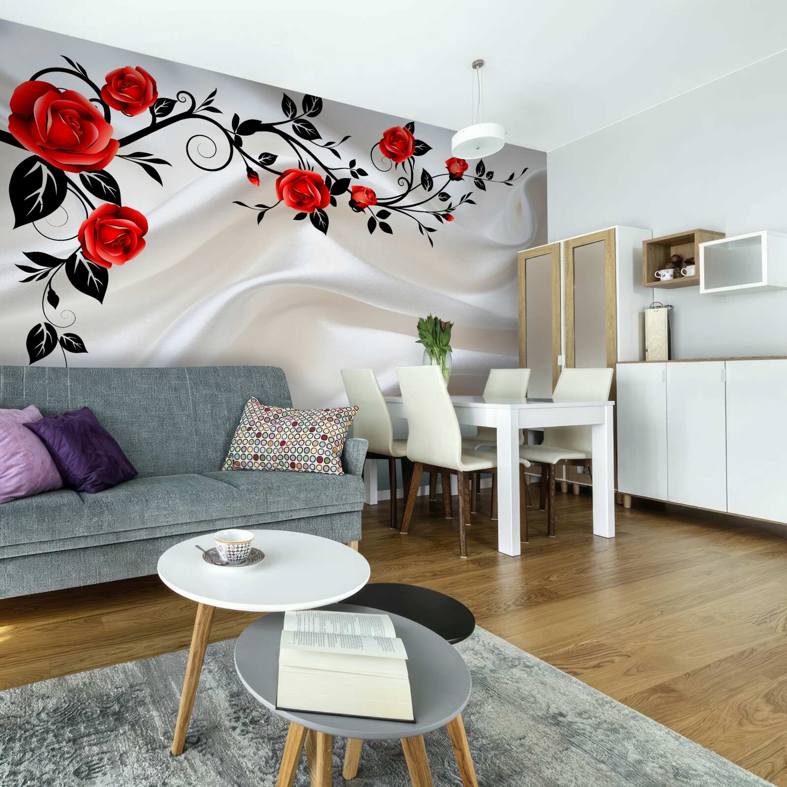 Fototapeten Satin ist mit Rosen dekoriert