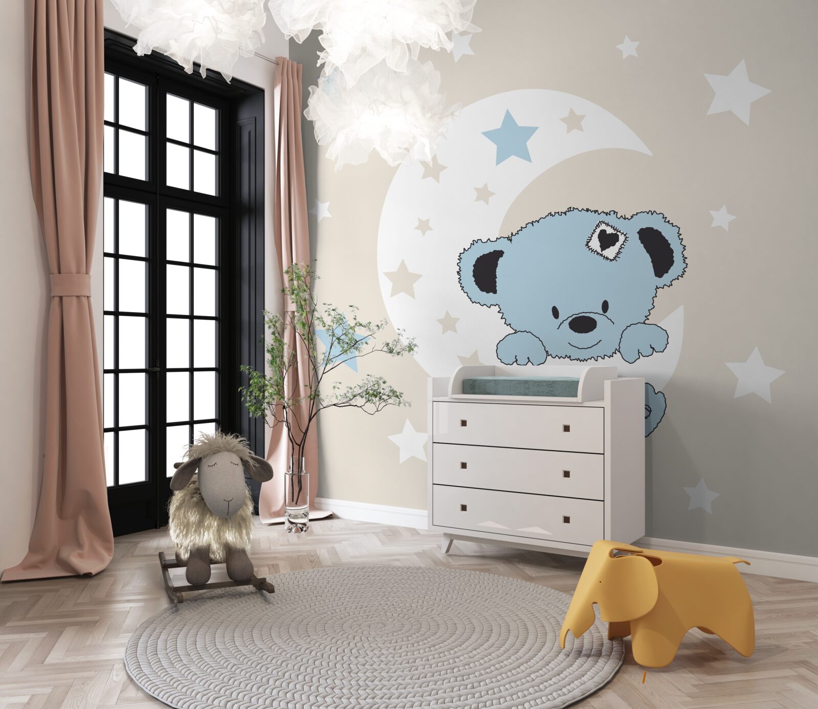 Fototapeten Ein kleiner Bär befindet sich neben dem Mond