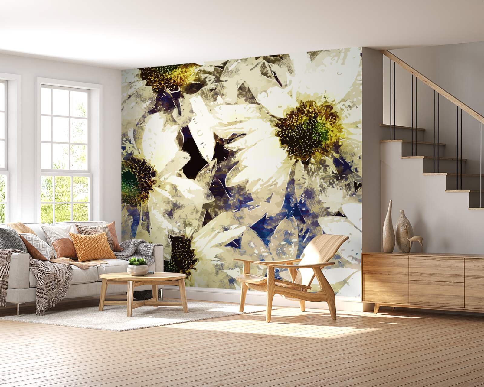 Fototapeten Aquarell mit weißen Gänseblümchen darstellen
