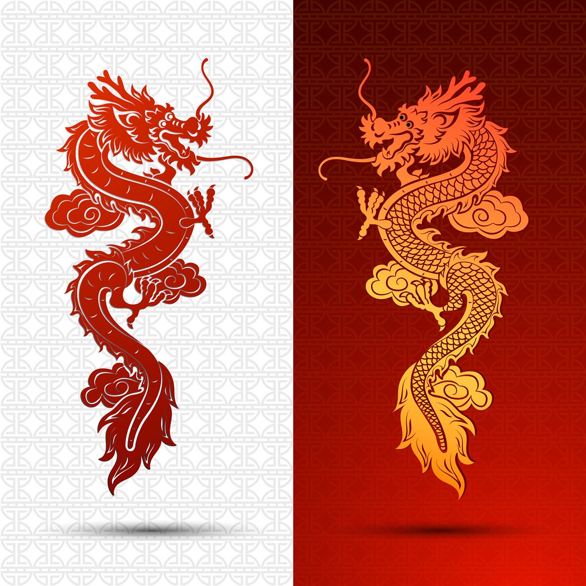 Fototapeten Bild des Drachen auf einem weißen und roten Hintergrund