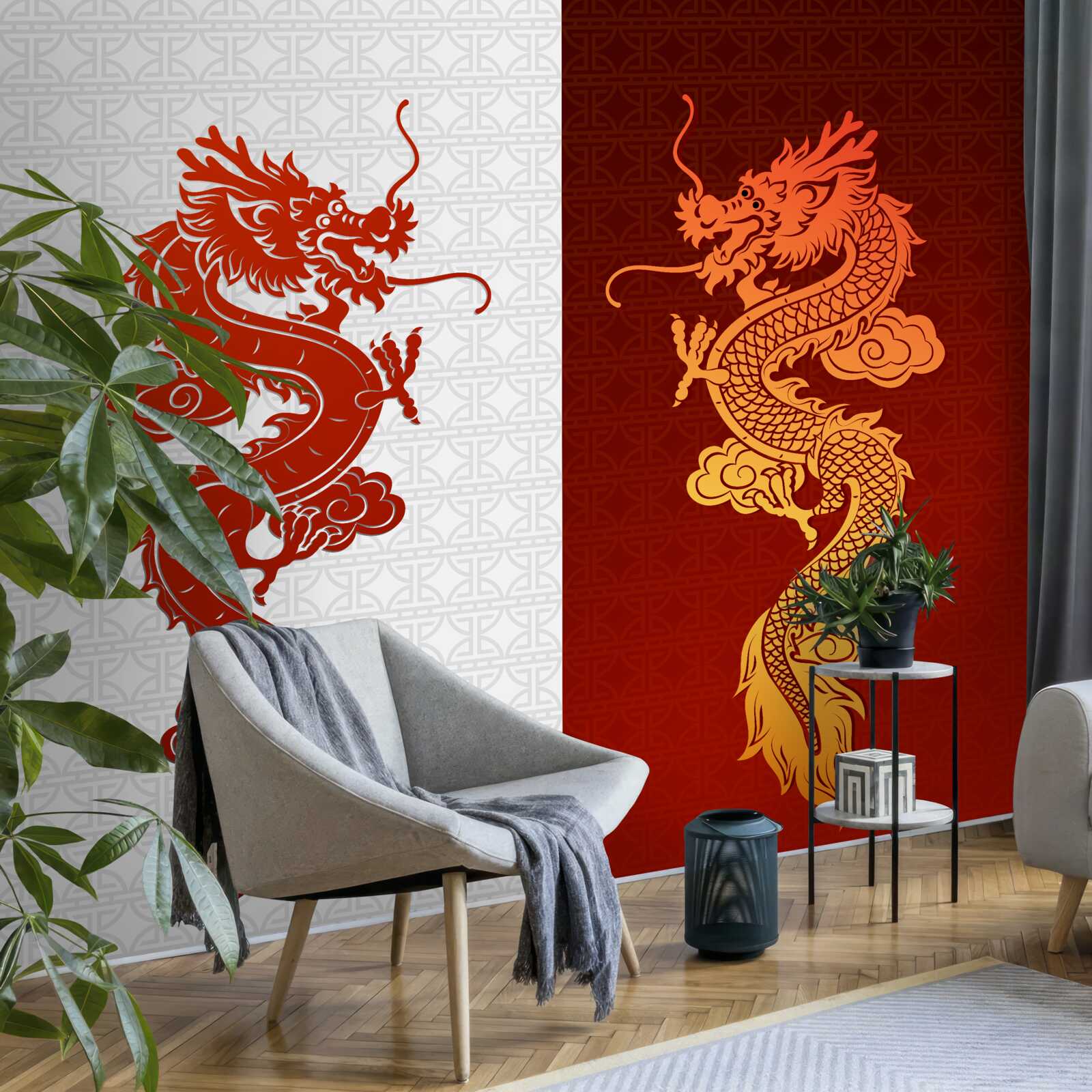 Fototapeten Bild des Drachen auf einem weißen und roten Hintergrund