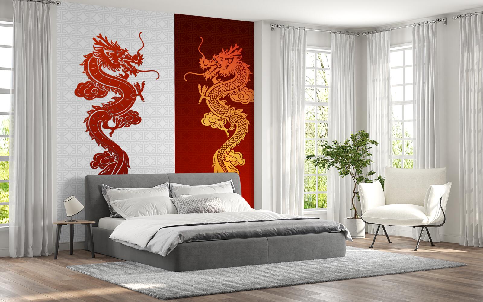 Fototapeten Bild des Drachen auf einem weißen und roten Hintergrund