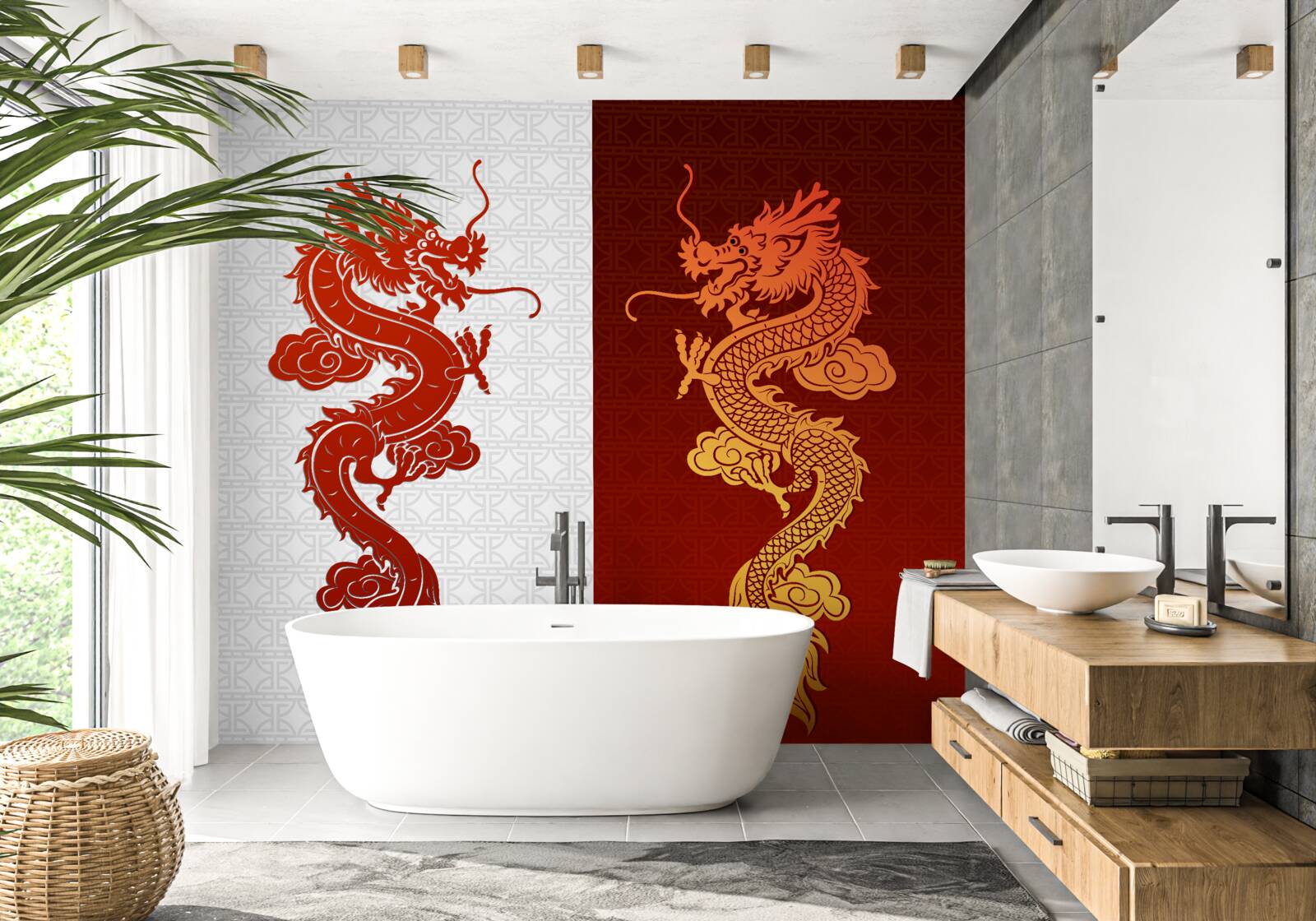 Fototapeten Bild des Drachen auf einem weißen und roten Hintergrund