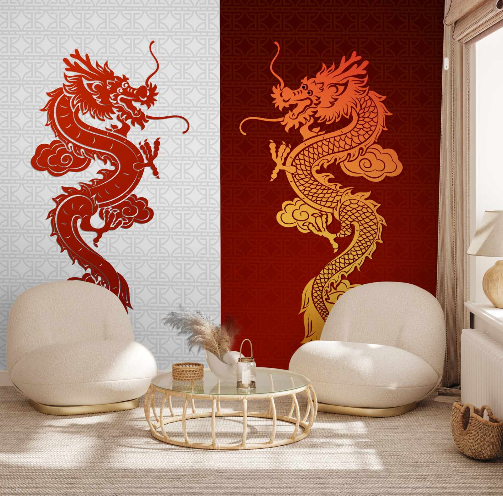 Fototapeten Bild des Drachen auf einem weißen und roten Hintergrund