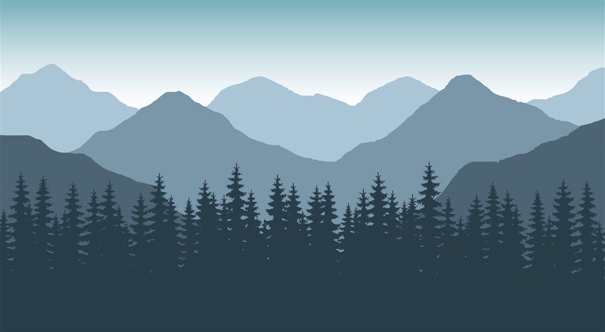 Fototapeten Berge im Morgengrauen im Wald der Nadelbäume