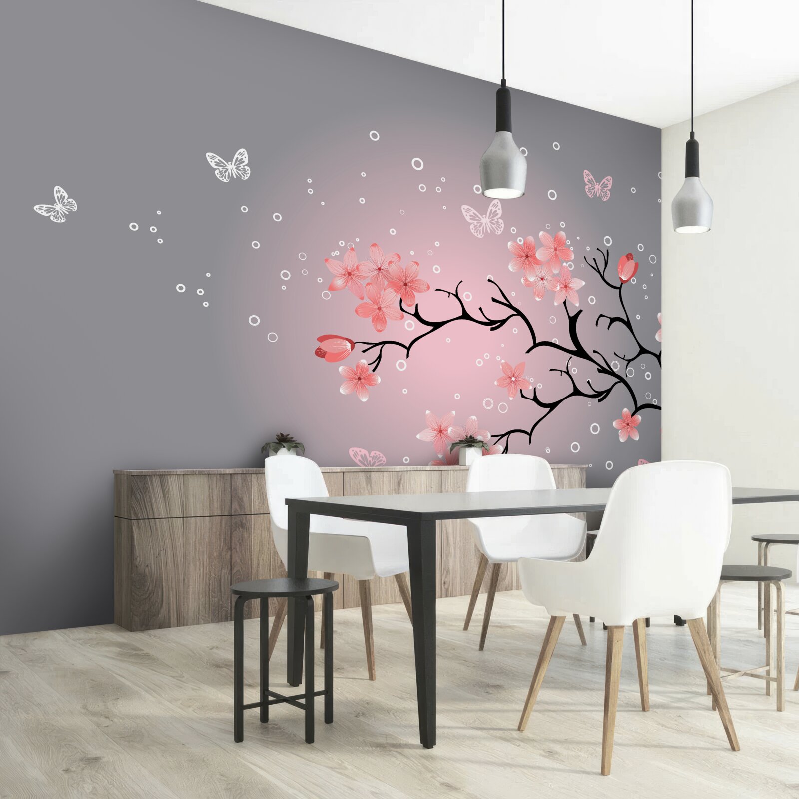 Fototapeten Schmetterlinge fliegen über rosa Sakura
