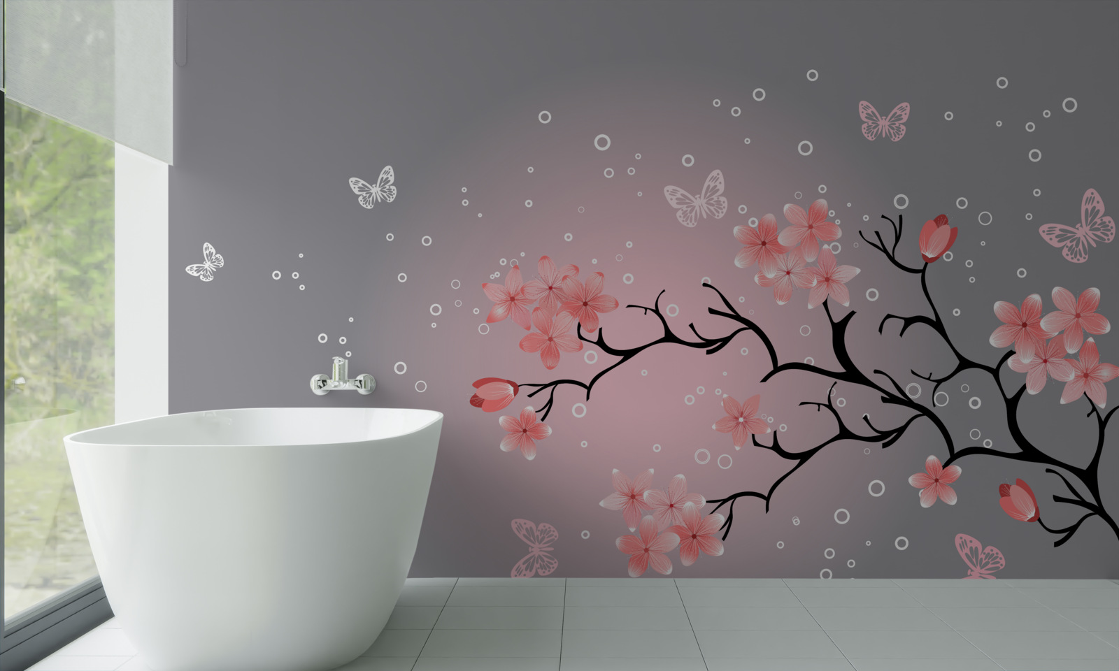 Fototapeten Schmetterlinge fliegen über rosa Sakura