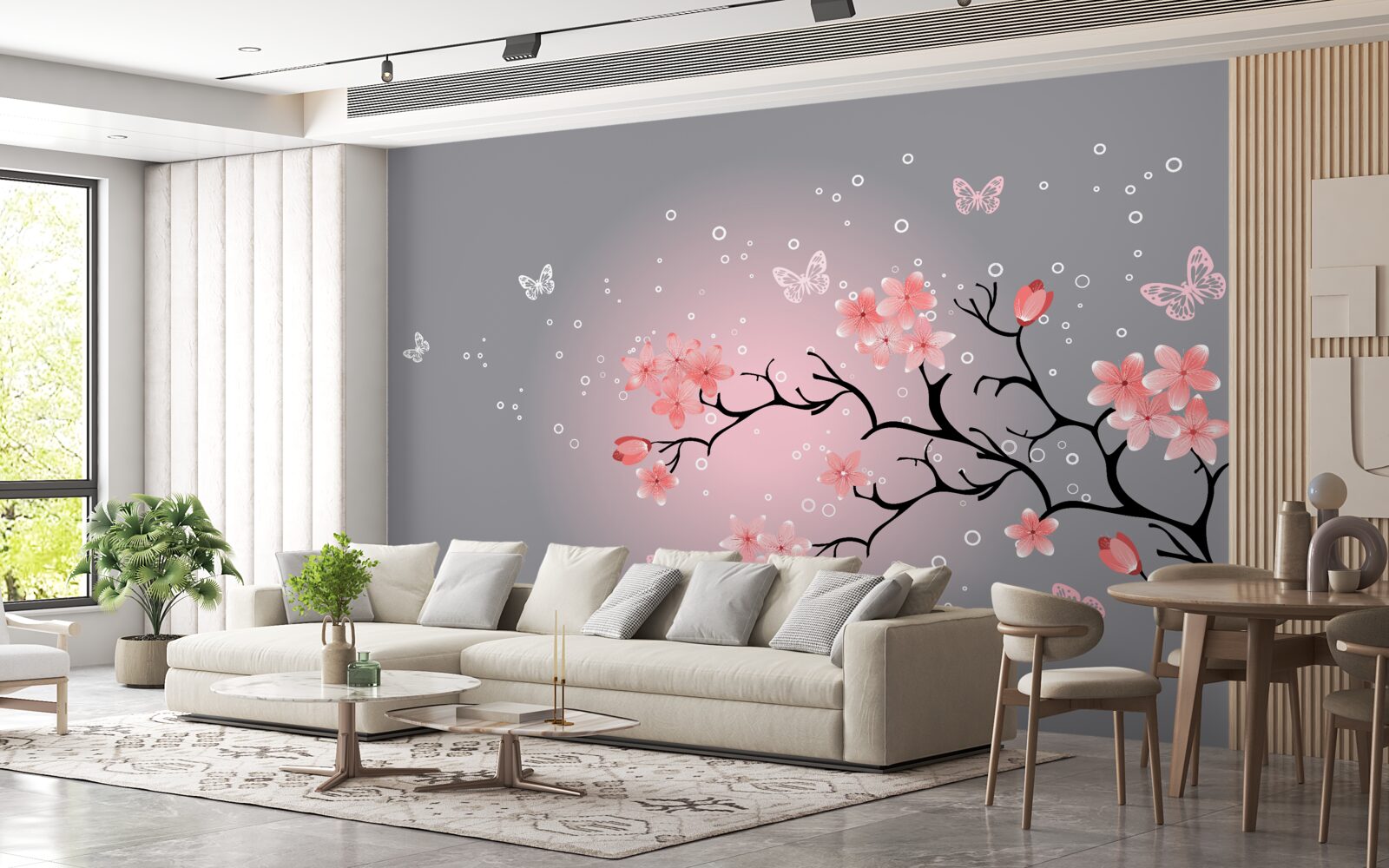 Fototapeten Schmetterlinge fliegen über rosa Sakura