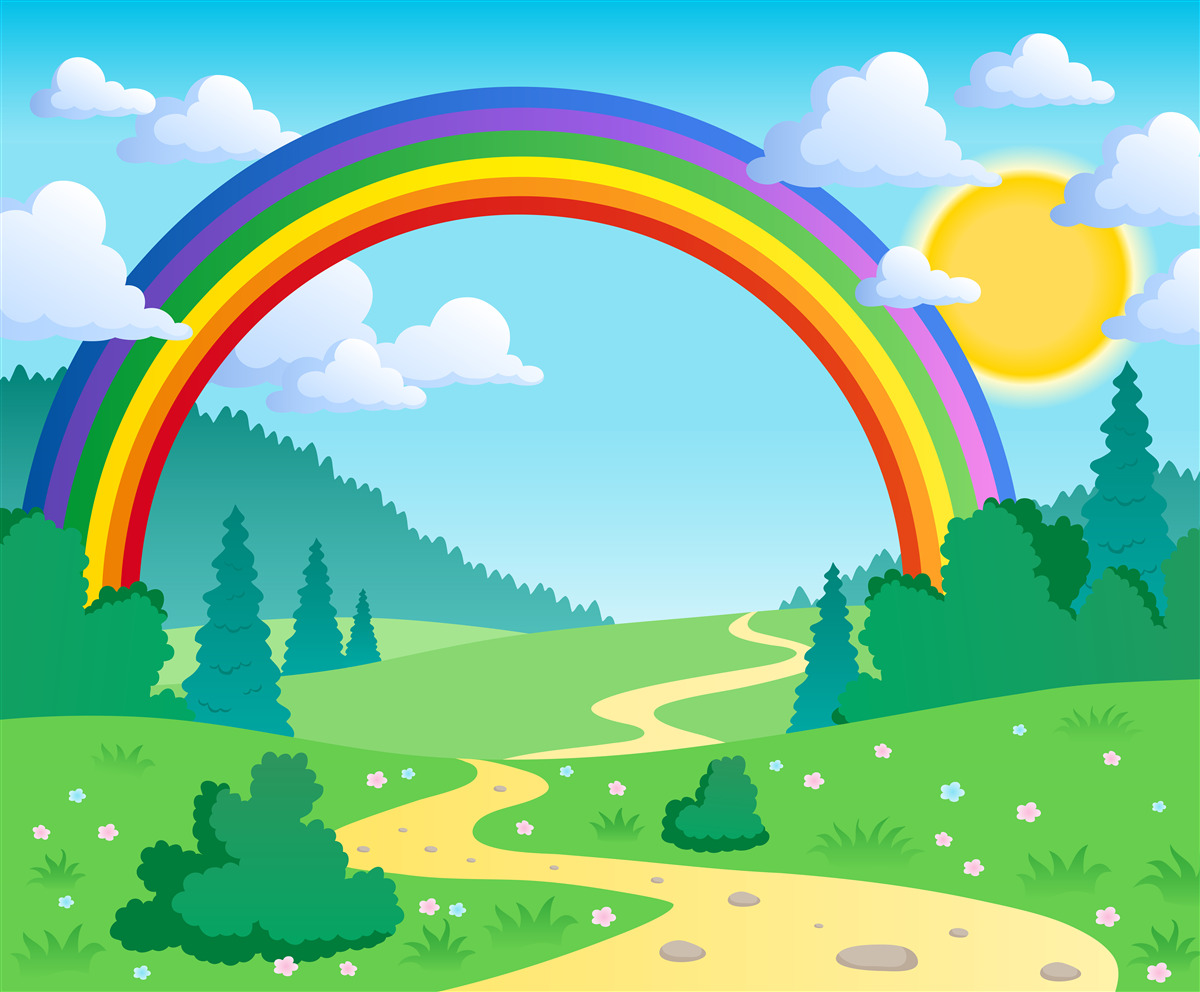 Fototapeten Ein heller Regenbogen schimmert in einer Waldlöschung