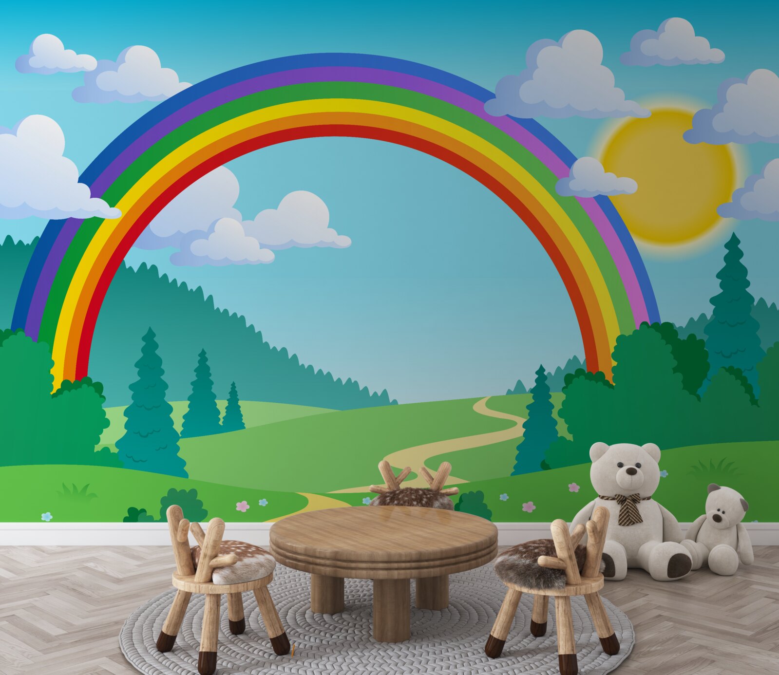 Fototapeten Ein heller Regenbogen schimmert in einer Waldlöschung