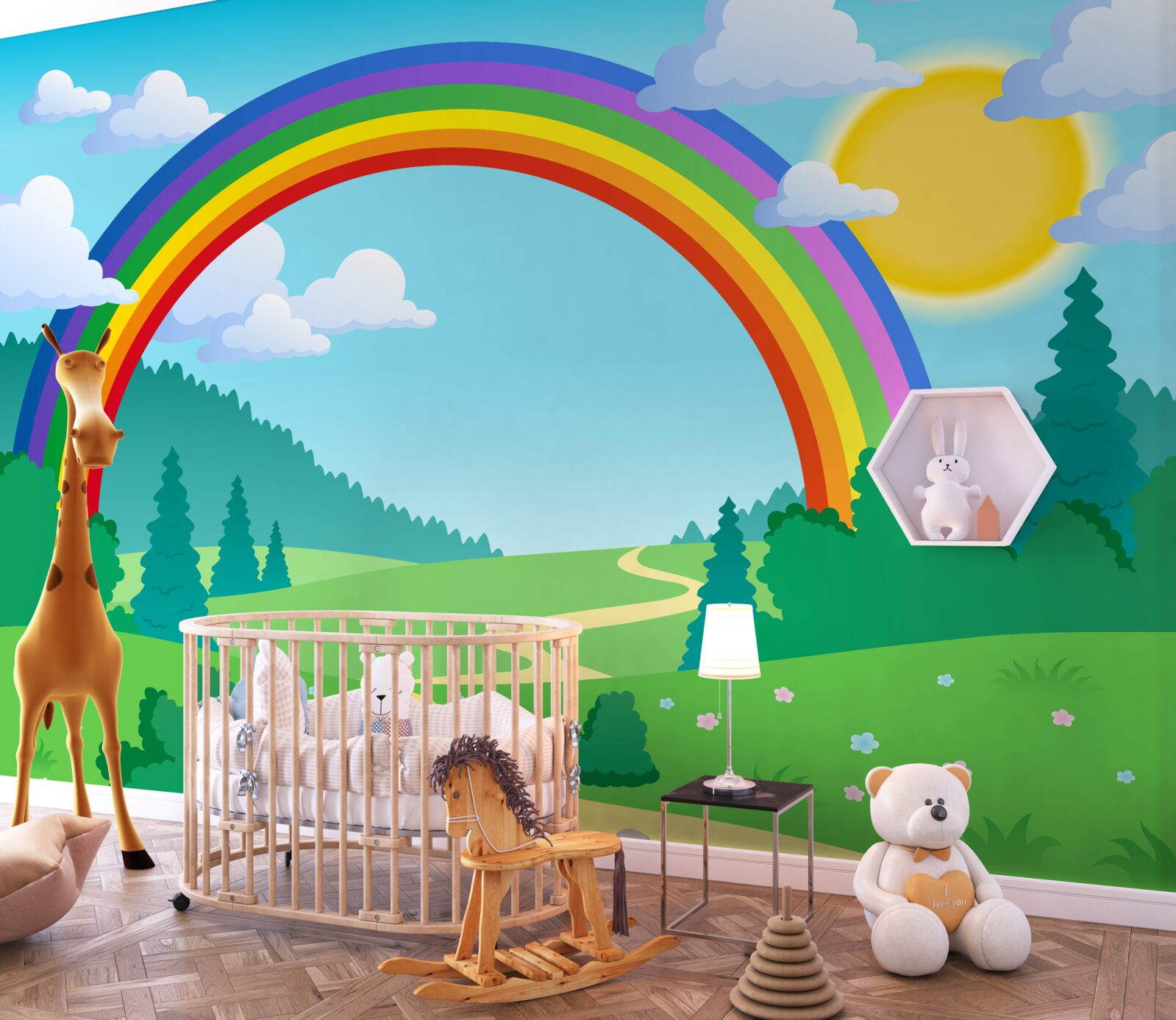Fototapeten Ein heller Regenbogen schimmert in einer Waldlöschung