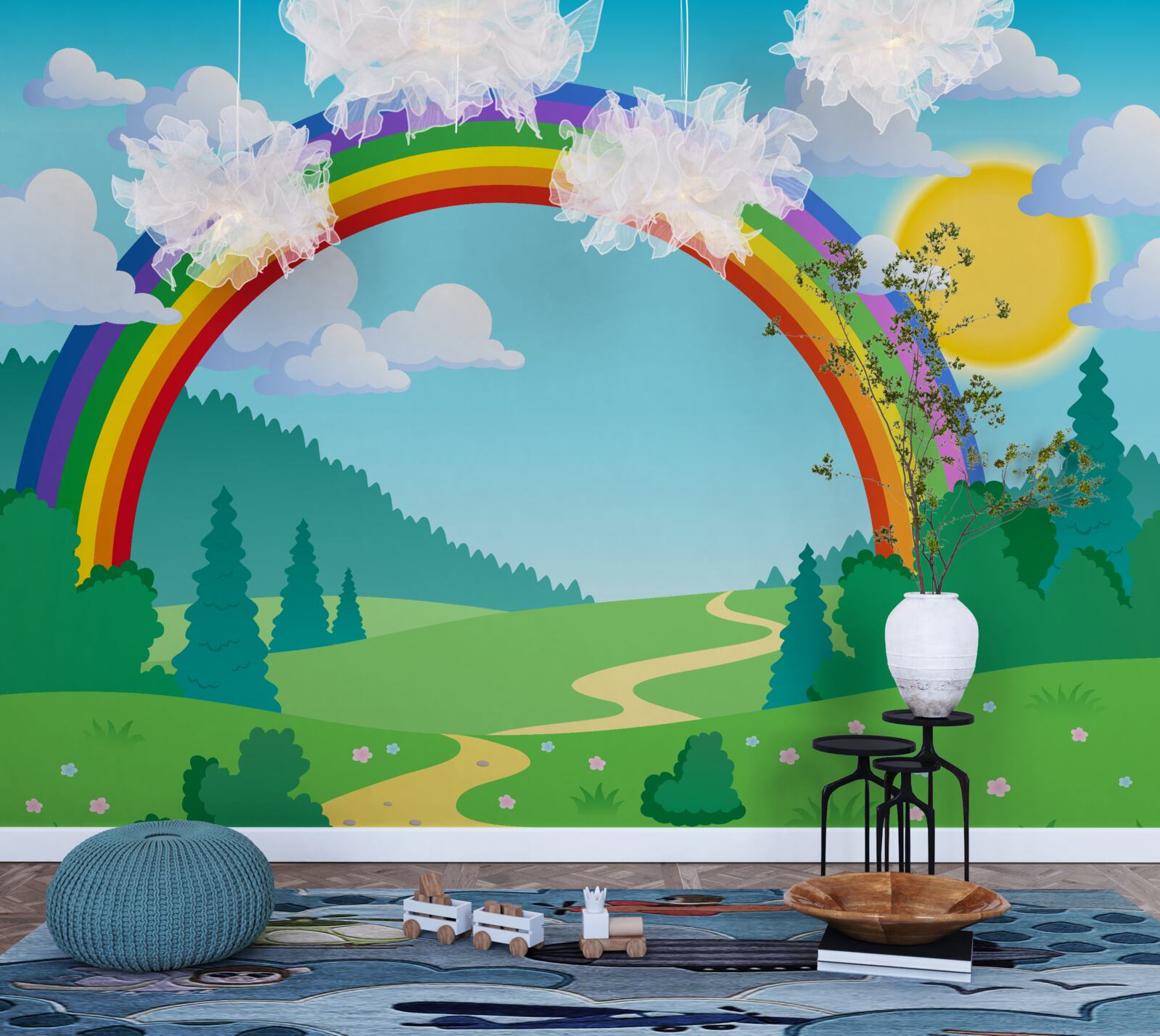 Fototapeten Ein heller Regenbogen schimmert in einer Waldlöschung