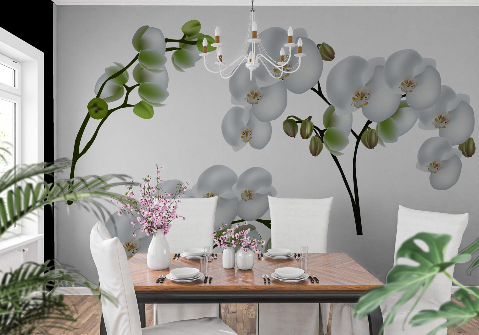 Fototapeten Weiße Orchidee mit grünen Blättern