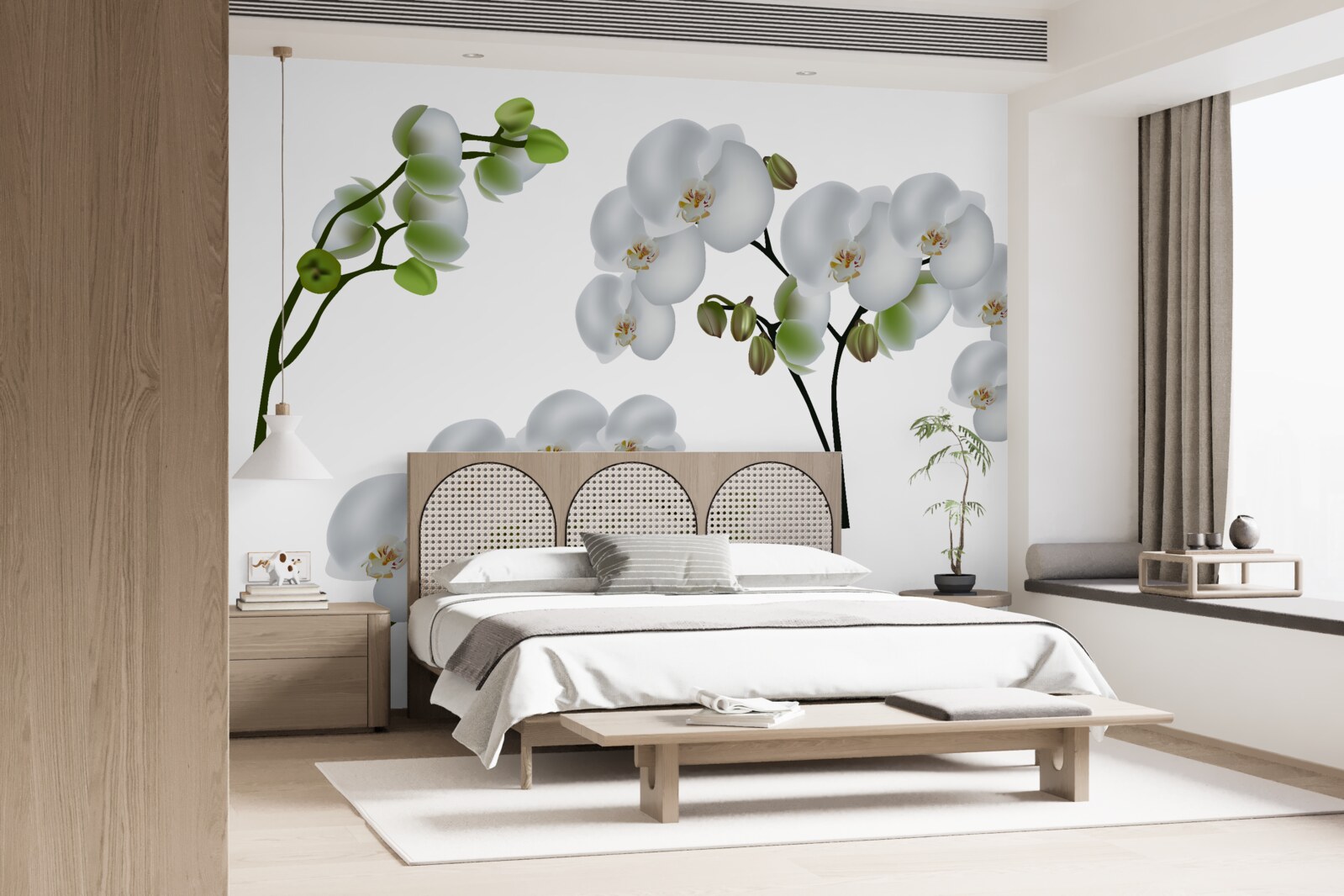 Fototapeten Weiße Orchidee mit grünen Blättern