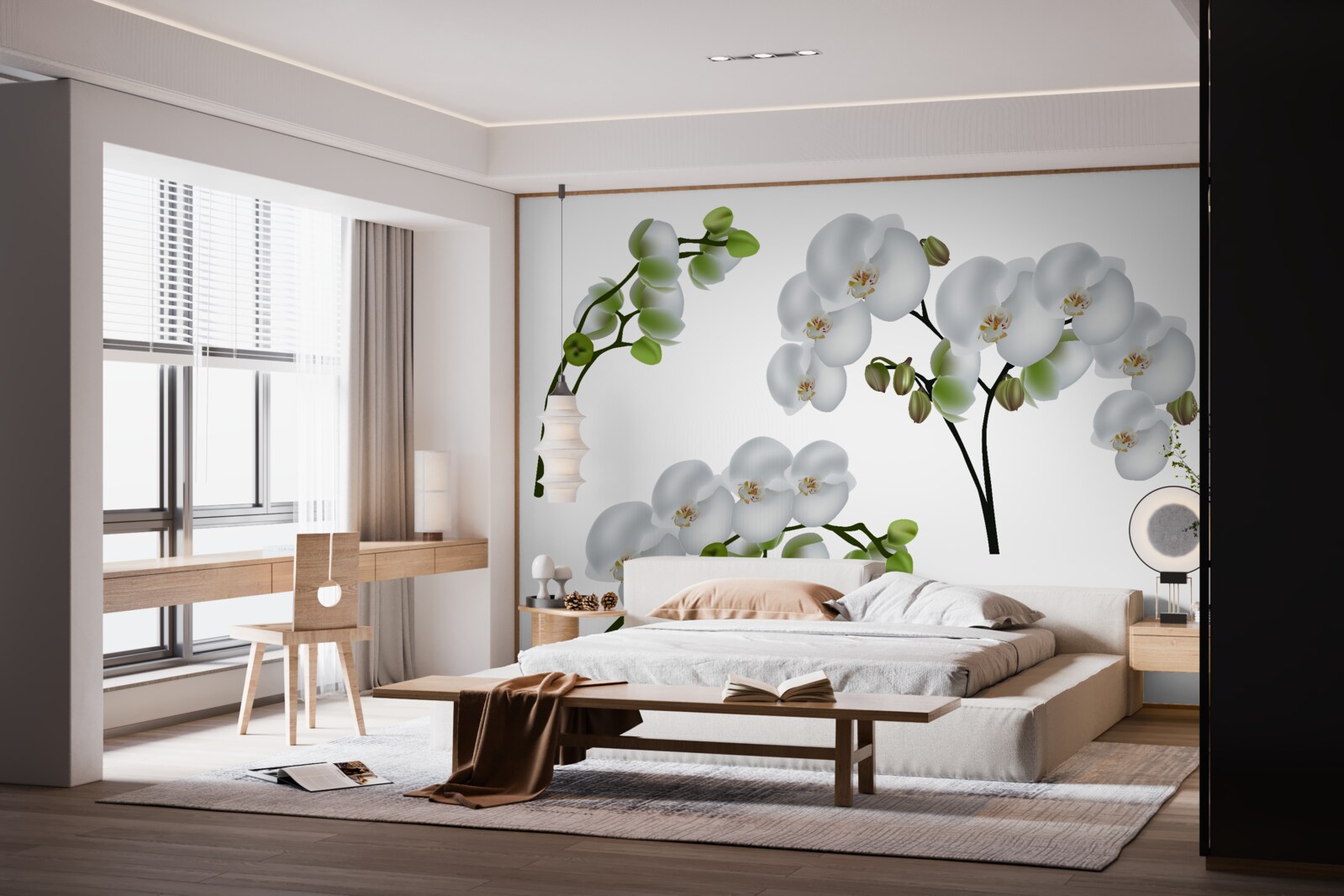 Fototapeten Weiße Orchidee mit grünen Blättern