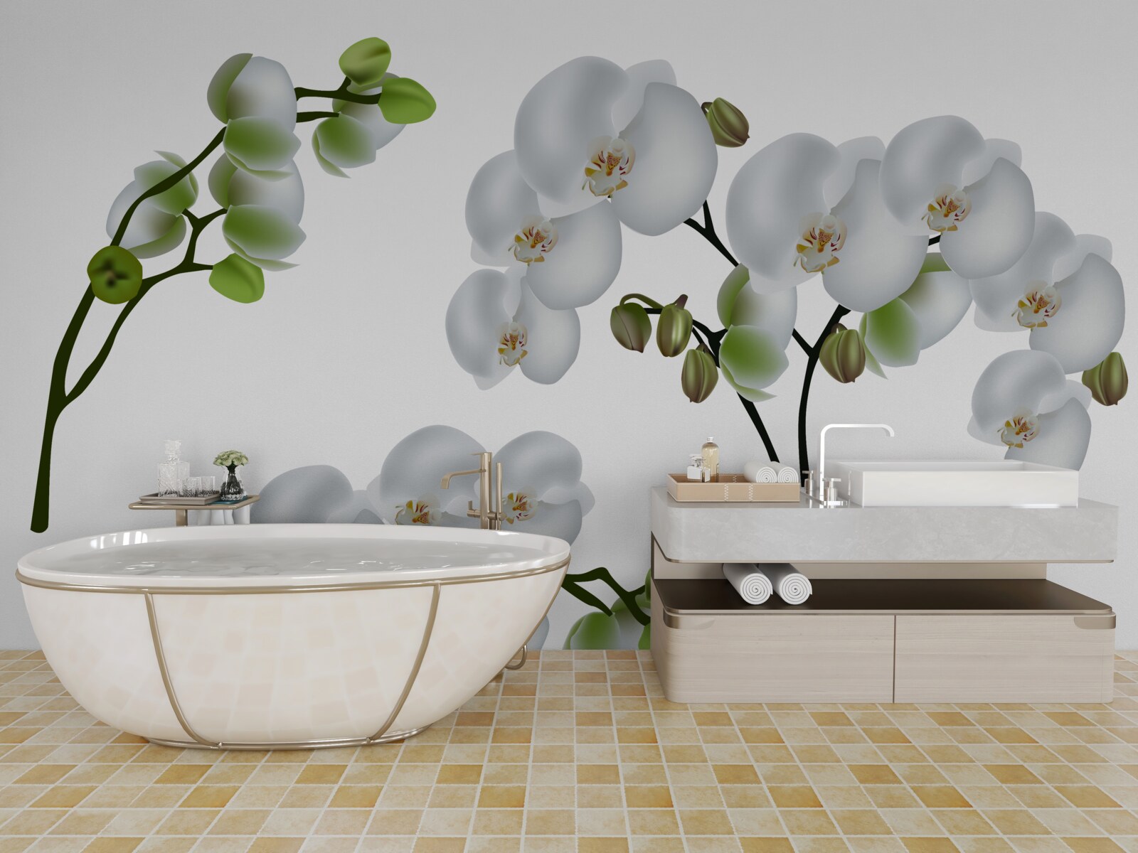 Fototapeten Weiße Orchidee mit grünen Blättern