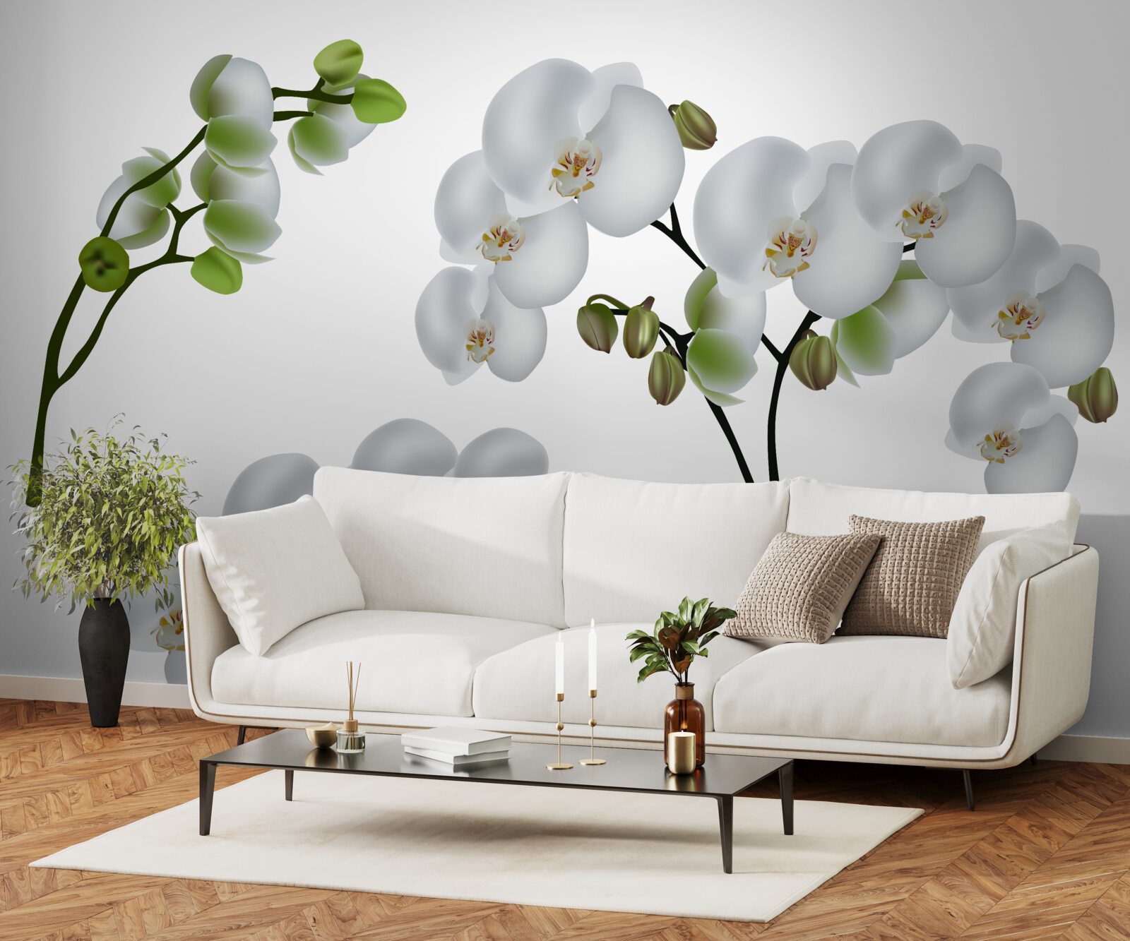 Fototapeten Weiße Orchidee mit grünen Blättern