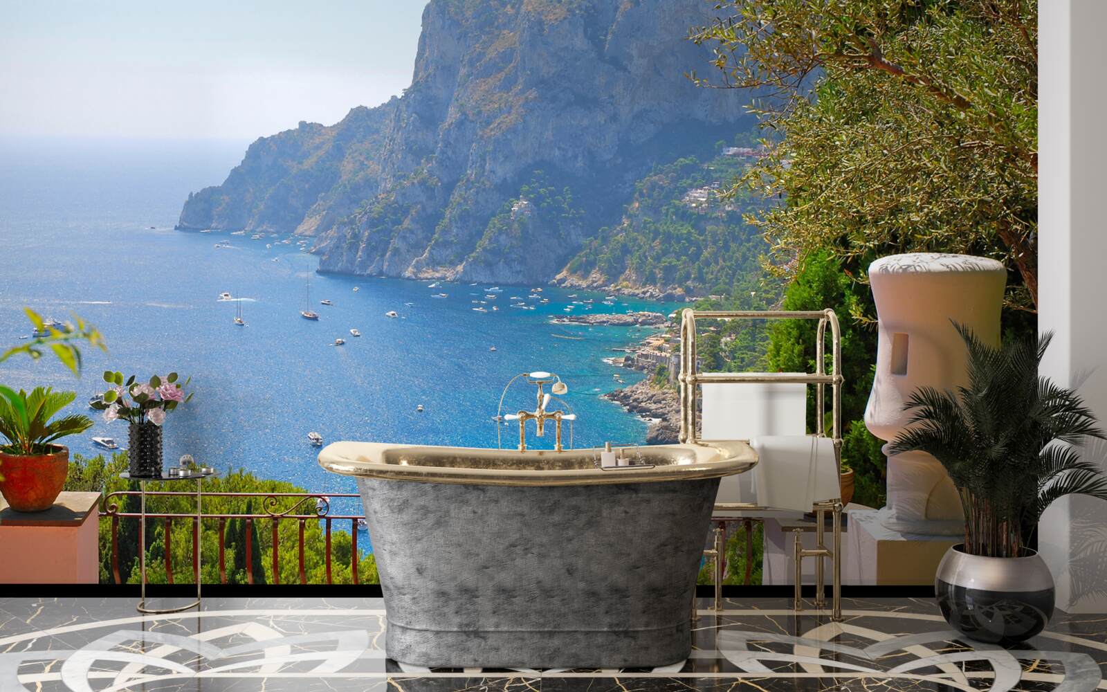 Fototapeten Terrasse mit Blick auf die Felsen und das Meer