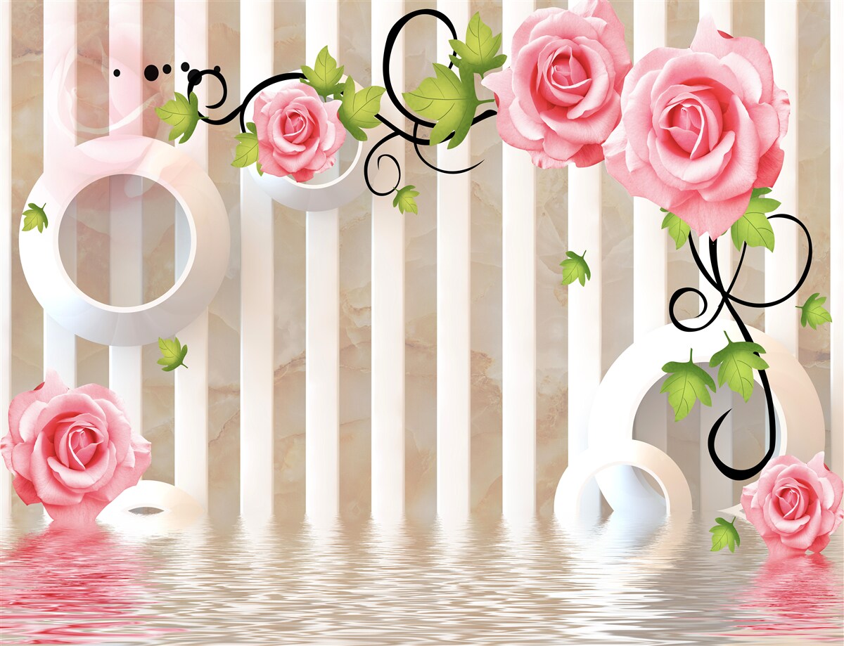Fototapeten Rose mit rosa Flocken und grünen Blättern in der Nähe des Wassers