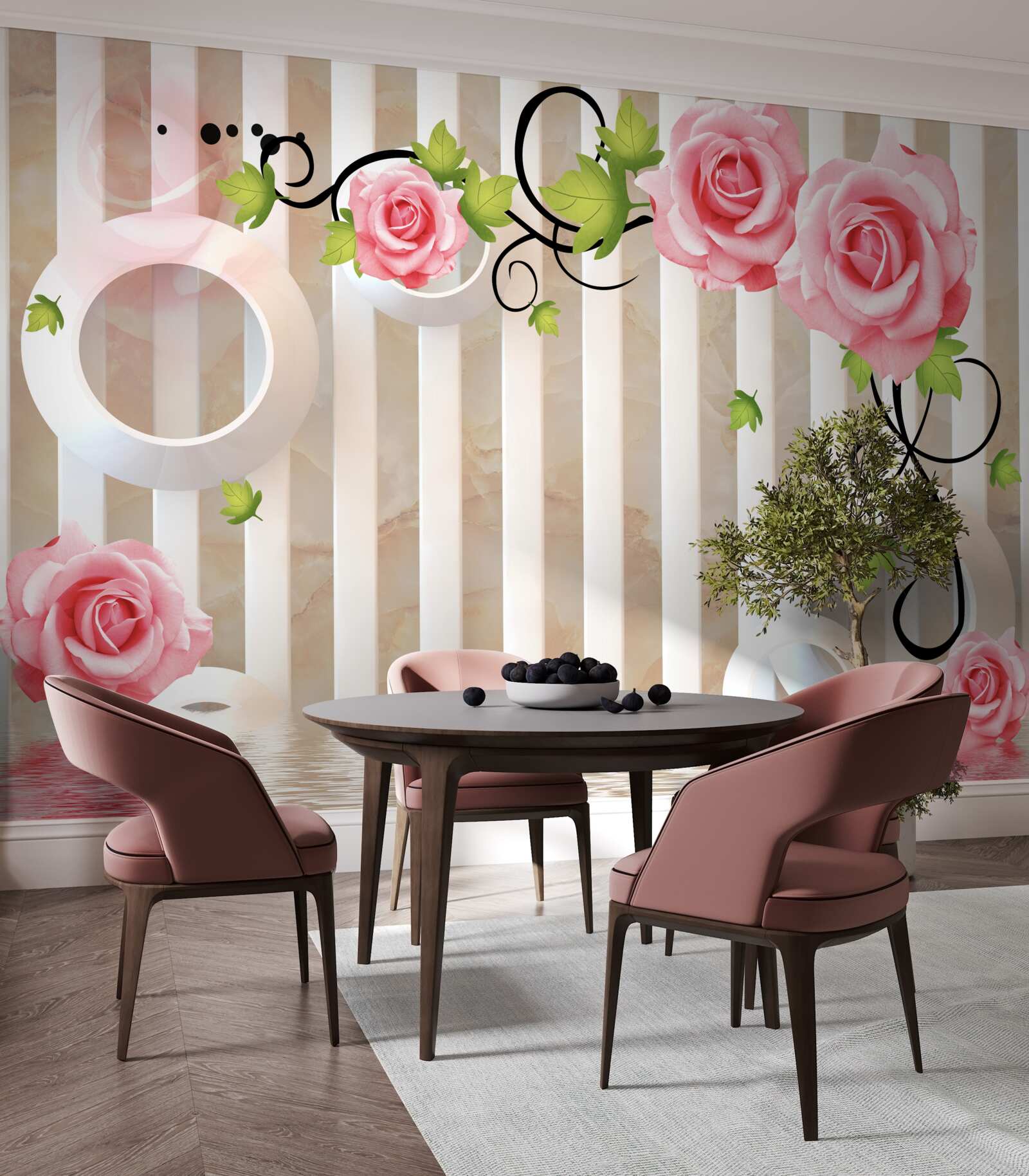 Fototapeten Rose mit rosa Flocken und grünen Blättern in der Nähe des Wassers