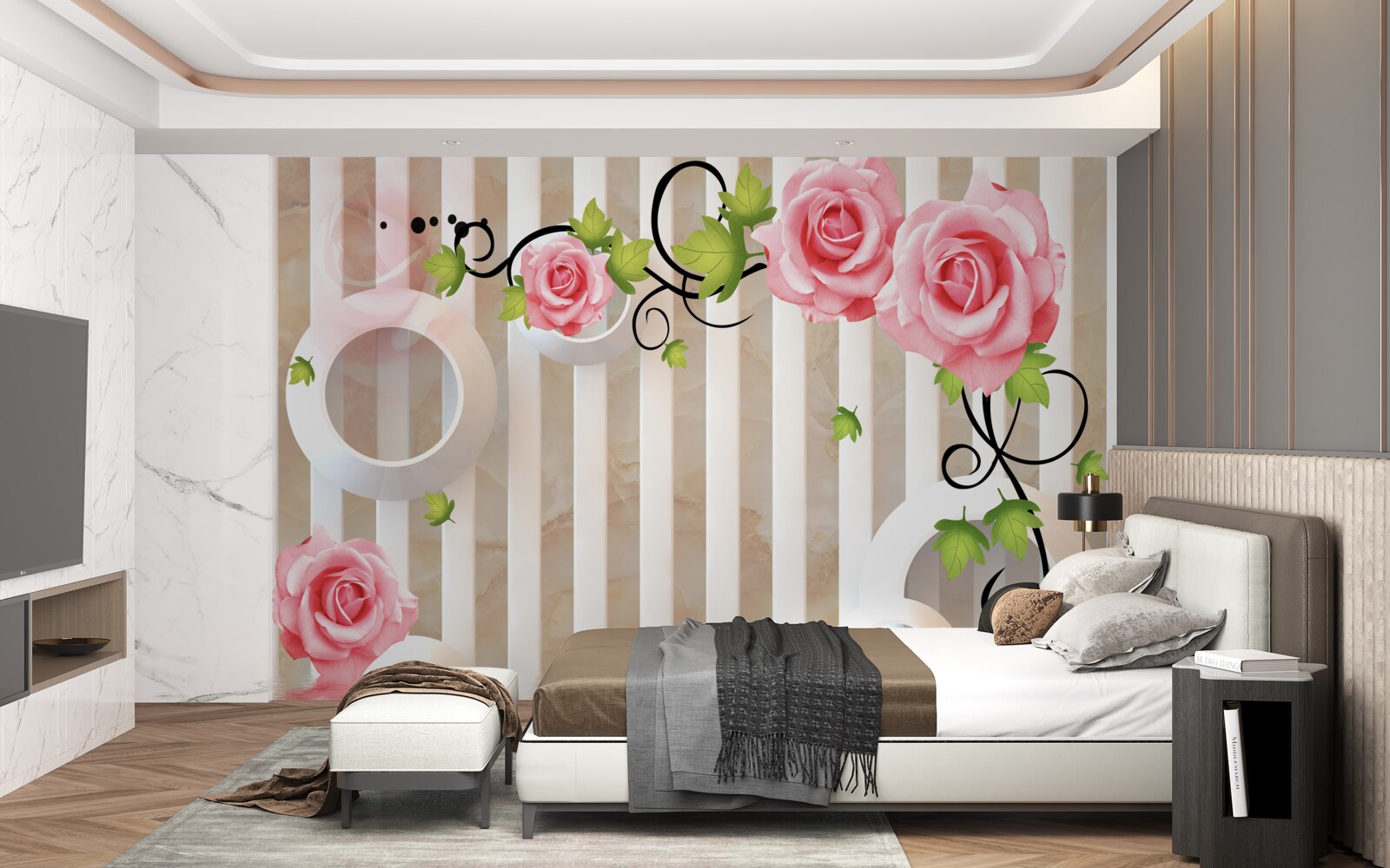Fototapeten Rose mit rosa Flocken und grünen Blättern in der Nähe des Wassers