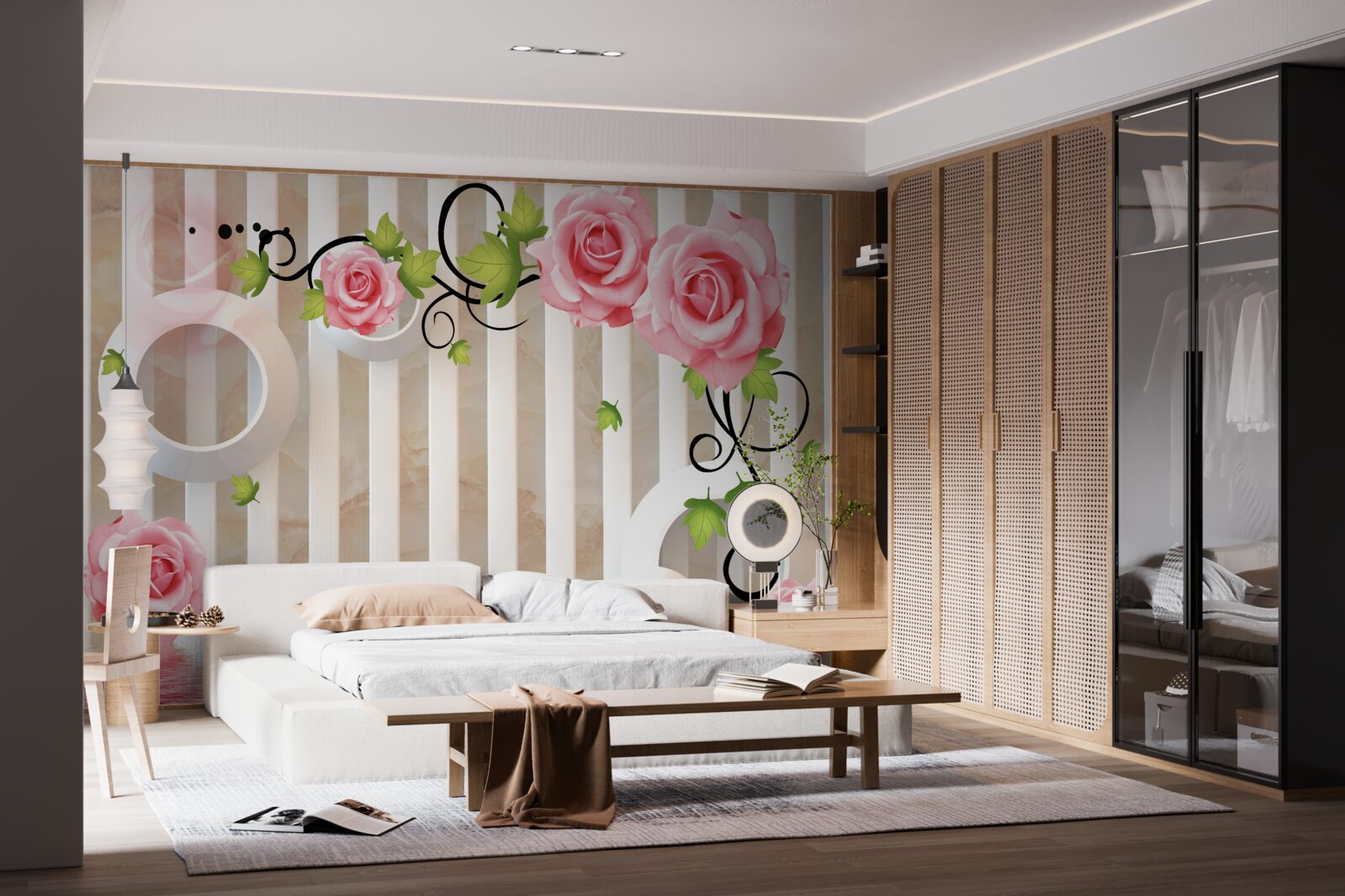 Fototapeten Rose mit rosa Flocken und grünen Blättern in der Nähe des Wassers