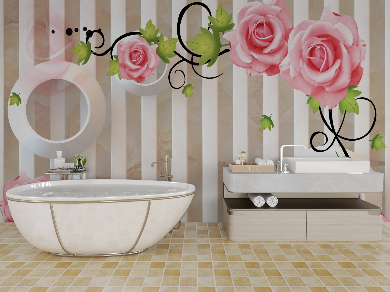 Fototapeten Rose mit rosa Flocken und grünen Blättern in der Nähe des Wassers