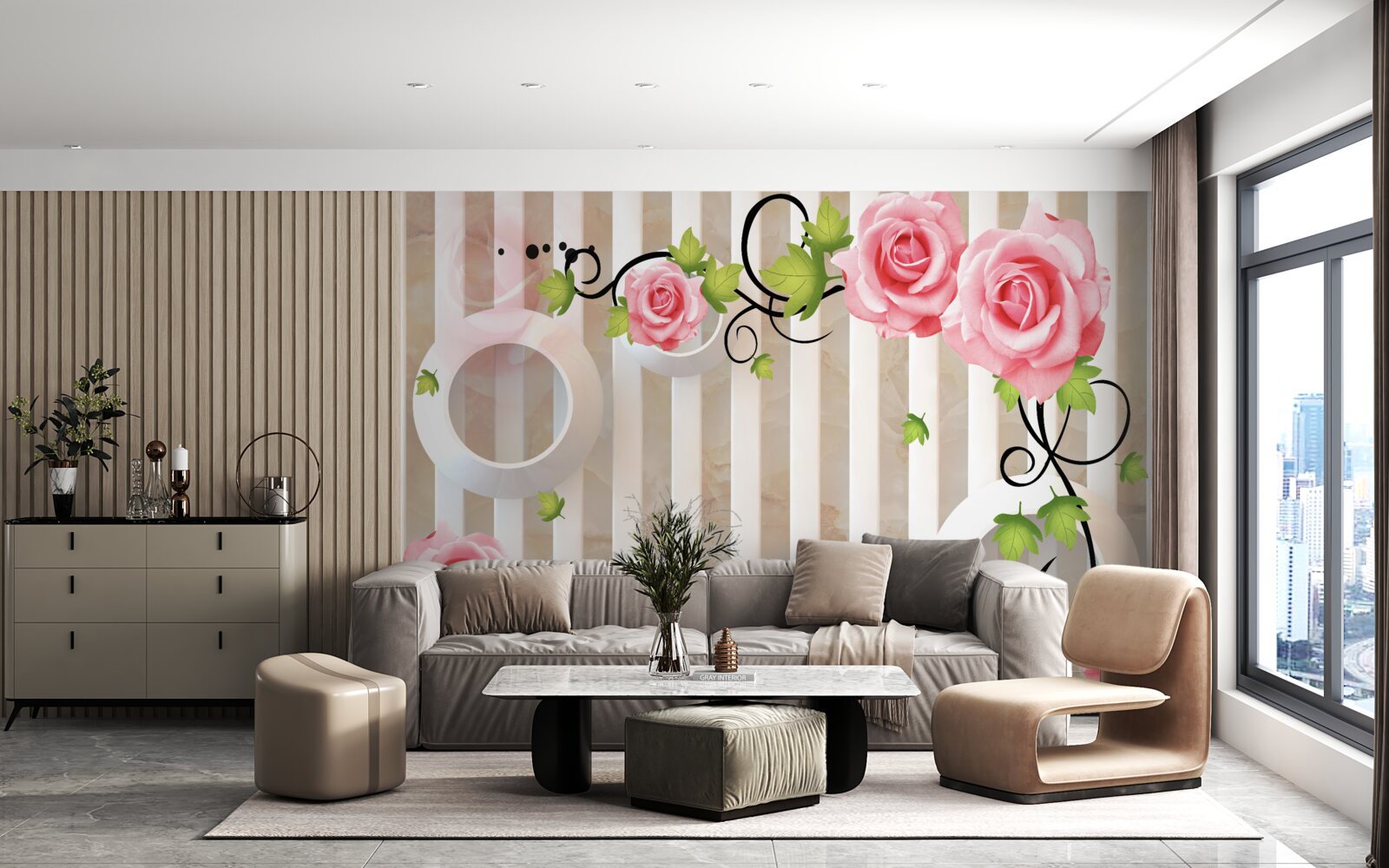 Fototapeten Rose mit rosa Flocken und grünen Blättern in der Nähe des Wassers