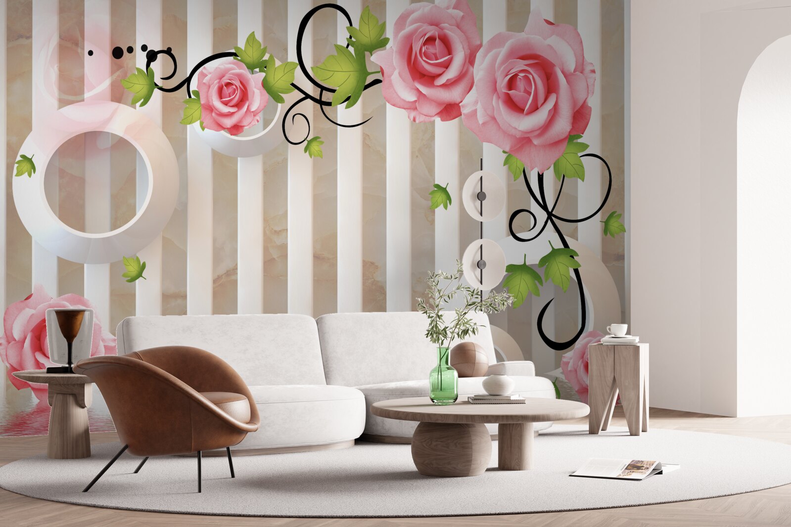 Fototapeten Rose mit rosa Flocken und grünen Blättern in der Nähe des Wassers