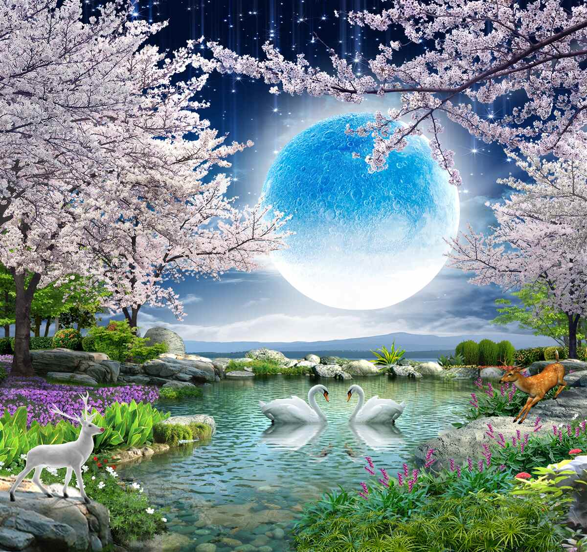 Fototapeten Abstrakter blauer Mond gegen den See mit Kirschblumen