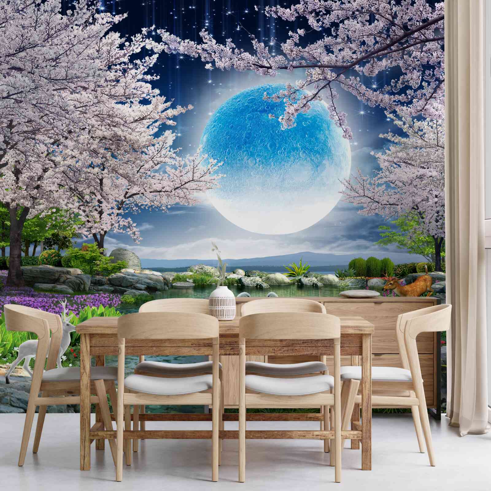 Fototapeten Abstrakter blauer Mond gegen den See mit Kirschblumen