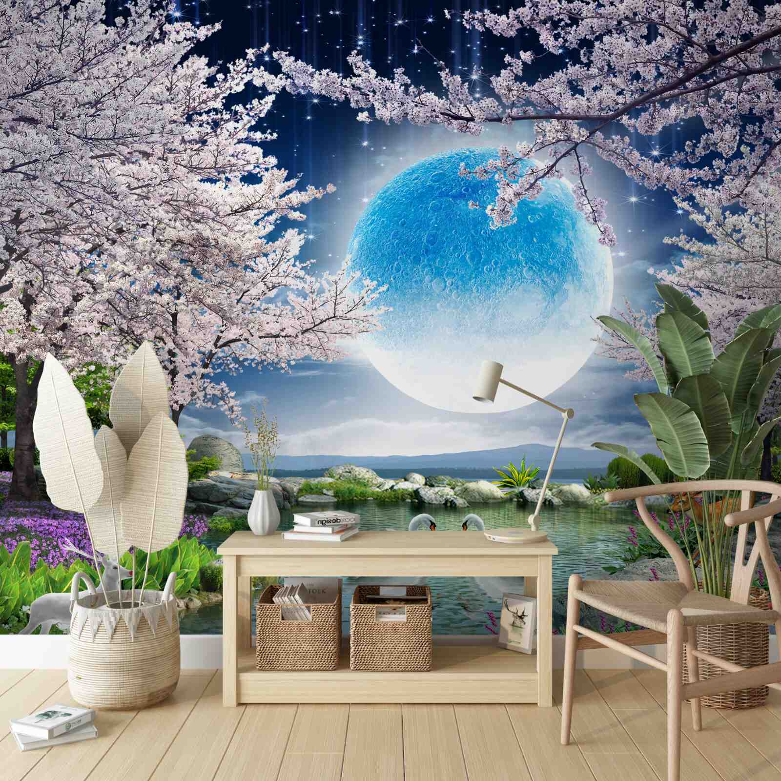 Fototapeten Abstrakter blauer Mond gegen den See mit Kirschblumen