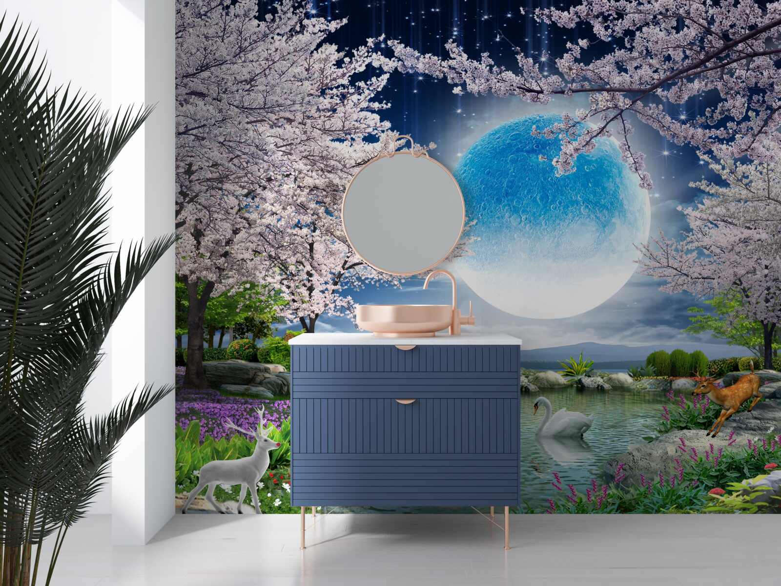 Fototapeten Abstrakter blauer Mond gegen den See mit Kirschblumen