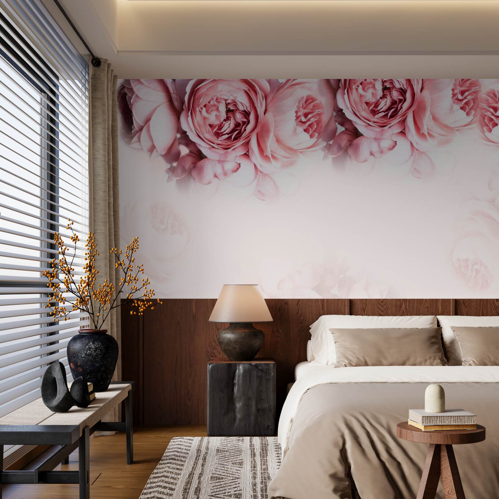 Fototapeten Pfingstrosen in rosa und weißen Schattierungen auf einem hellen Hintergrund