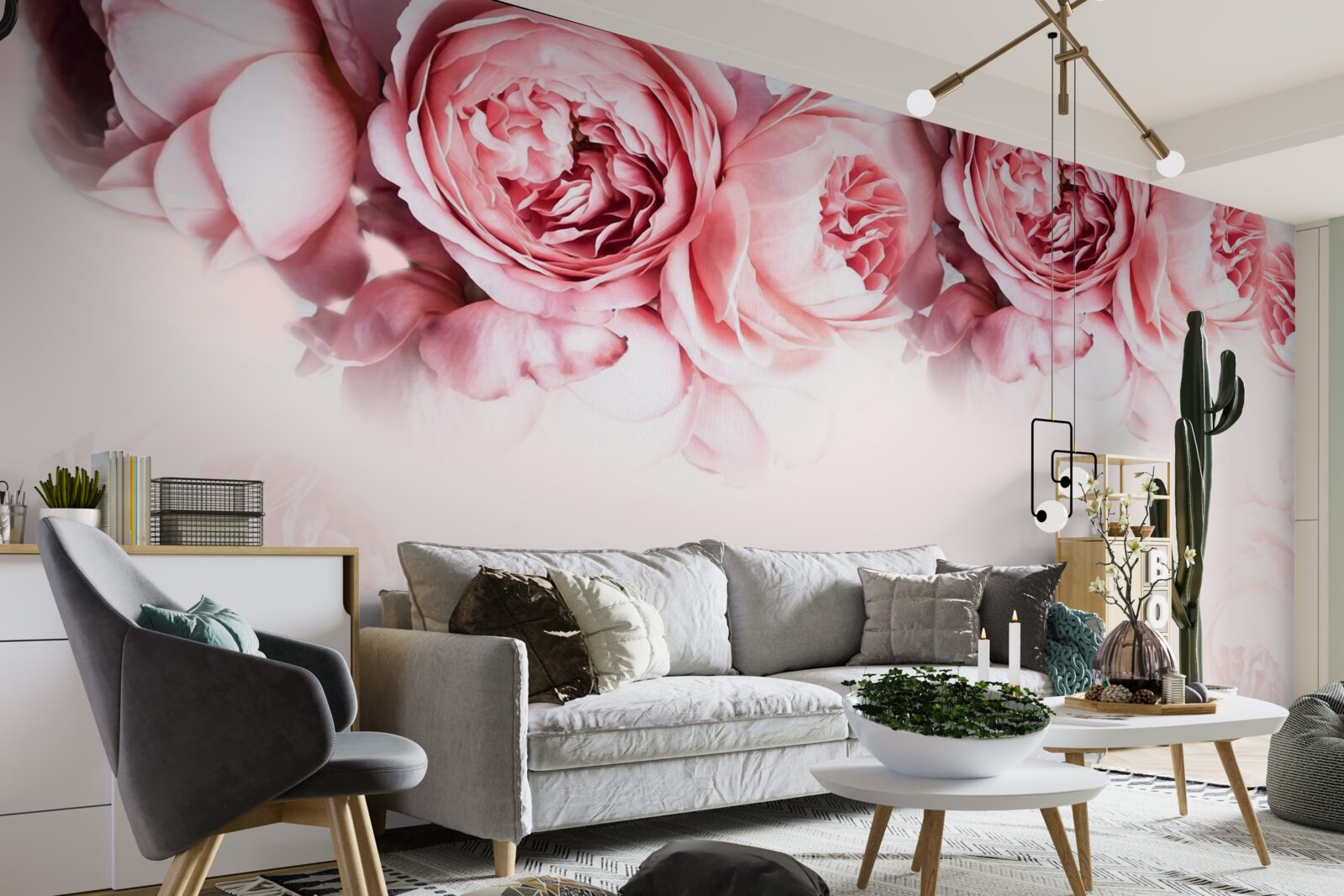 Fototapeten Pfingstrosen in rosa und weißen Schattierungen auf einem hellen Hintergrund