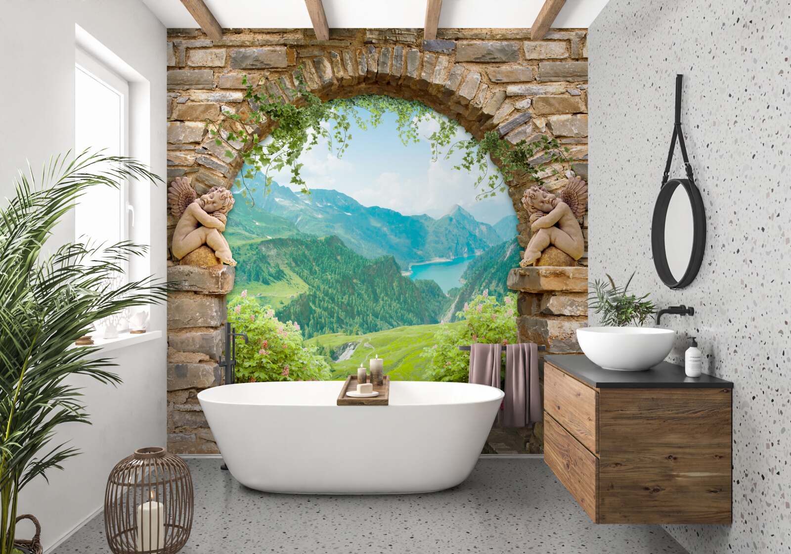 Fototapeten Alter Steinbogen mit dem Bild der Engel und einem Panorama der Berge
