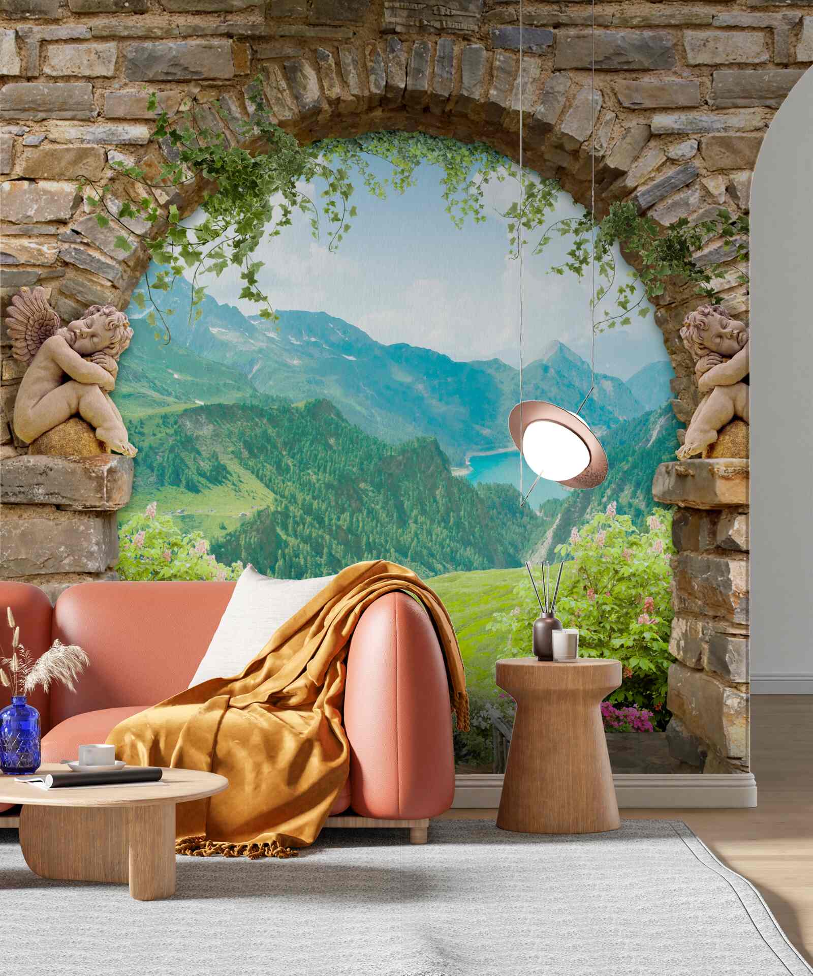 Fototapeten Alter Steinbogen mit dem Bild der Engel und einem Panorama der Berge