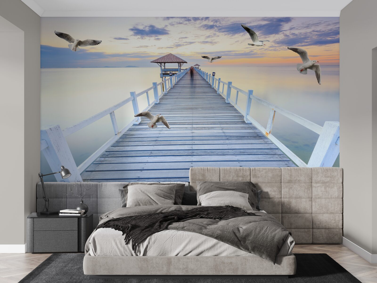 Fototapeten Holzpier und fliegende Möwen