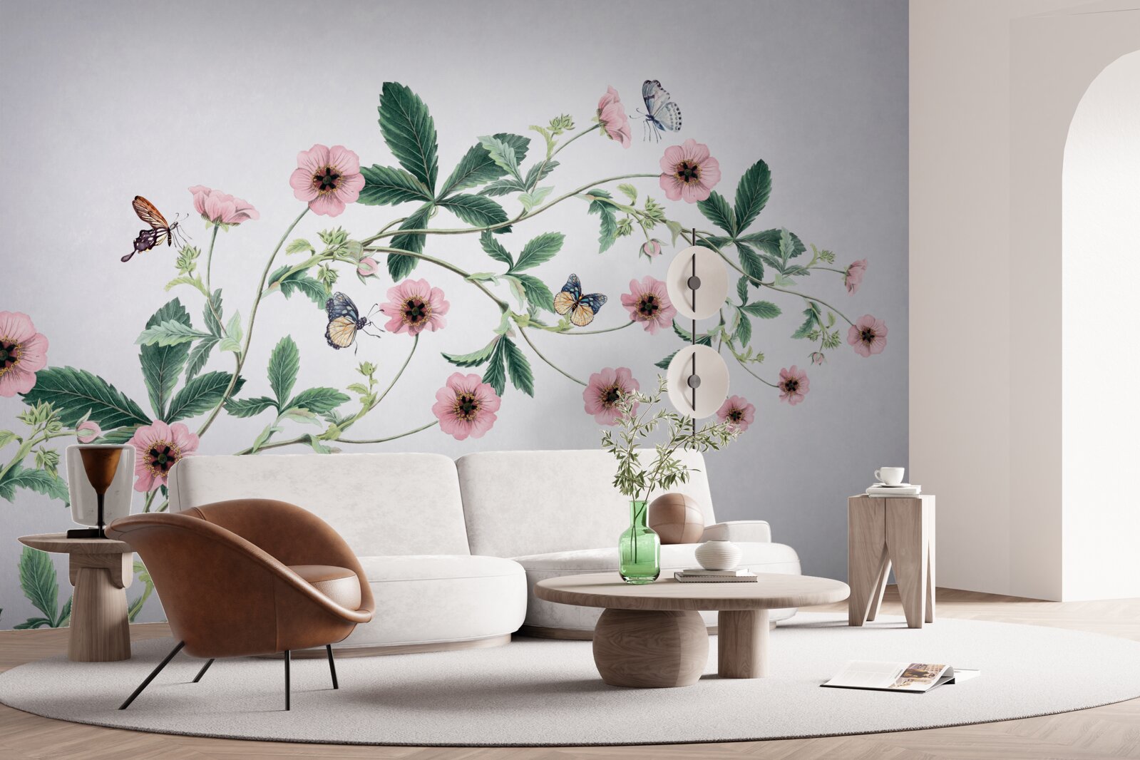 Fototapeten rosa Knospen auf Zweigen auf grauem Hintergrund