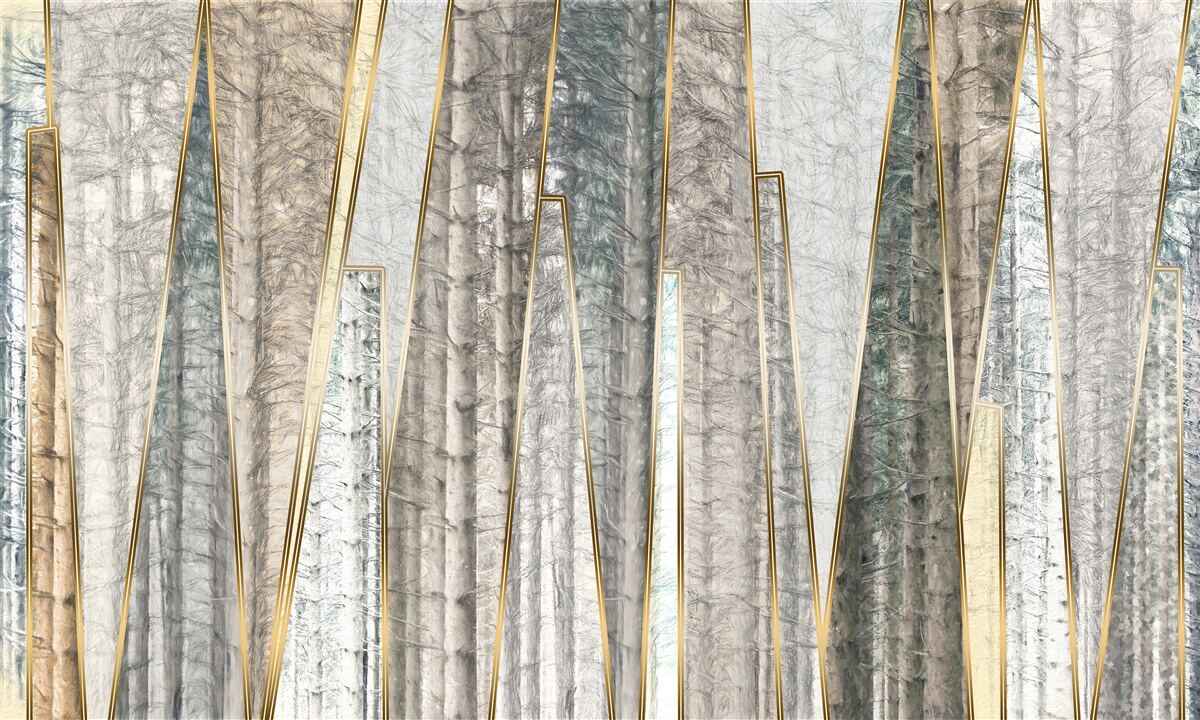 Fototapeten Nebelwald von schlanken Bäumen